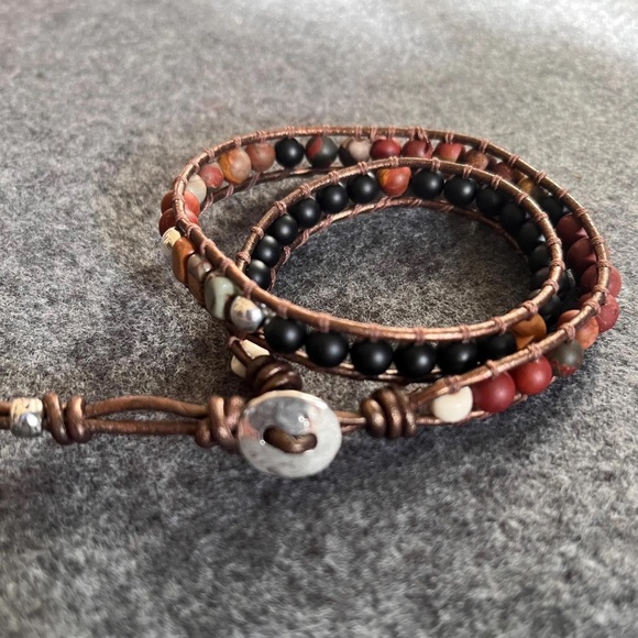 Double Wrap Leather Bracelet - Red Creek Jasper, Black Onyx, Sterling Silver - Picture 5 of 8
